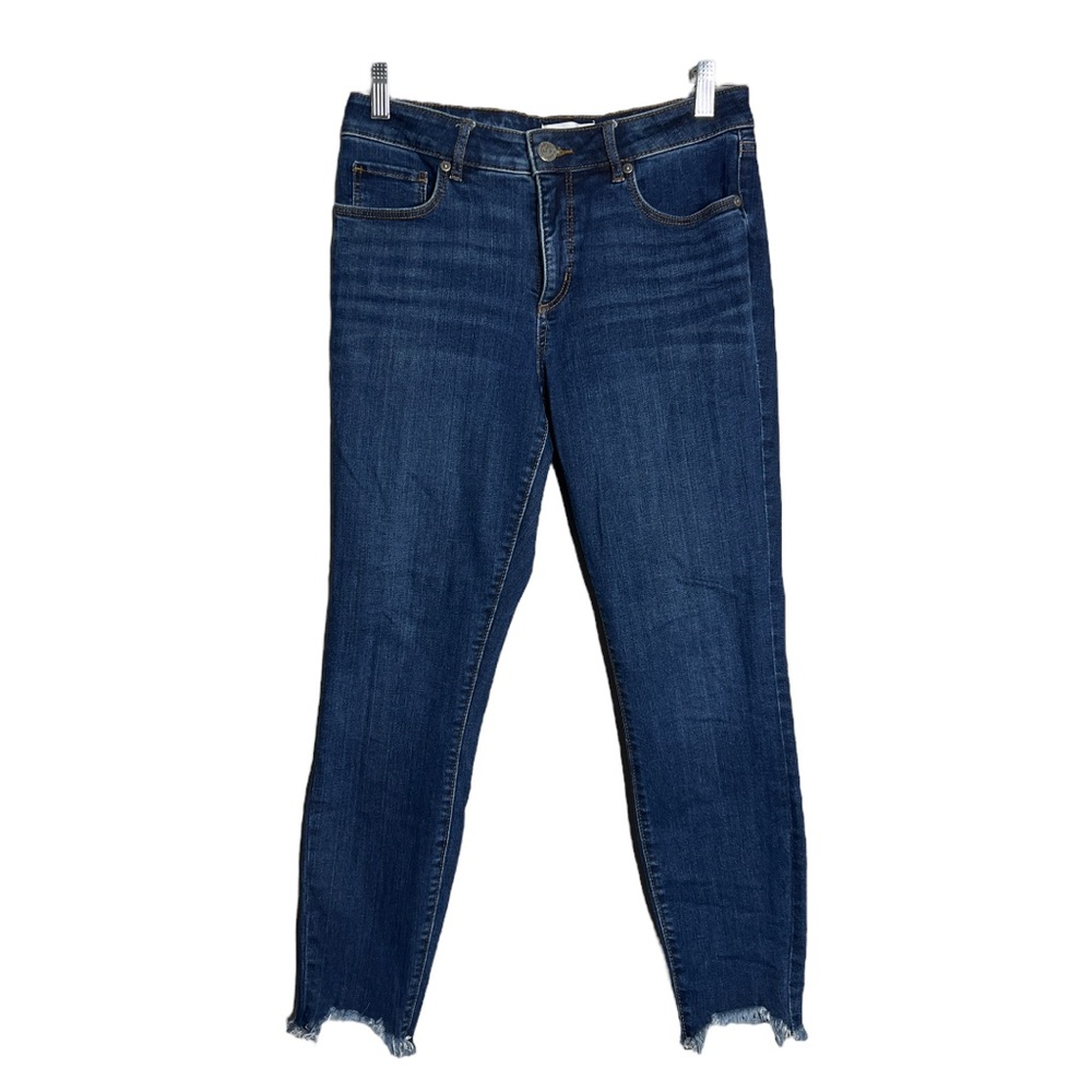 Loft Curvy Skinny Jeans Blue Dark Wash Sharkbite Hem Fading Whiskering